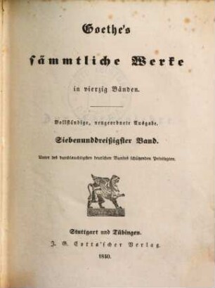 Goethe's sämmtliche Werke : in vierzig Bänden. 37, Zur Farbenlehre ; Didaktischer Theil