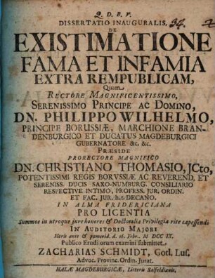 Dissertatio Inauguralis. De Existimatione Fama Et Infamia Extra Rempublicam