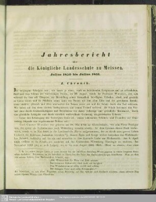 Jahresbericht über die Königliche Landesschule zu Meissen, Julius 1850 bis Julius 1851