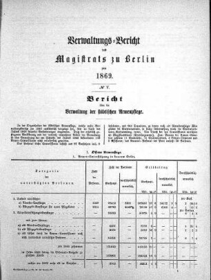 No. V. Bericht der städtischen Armenpflege