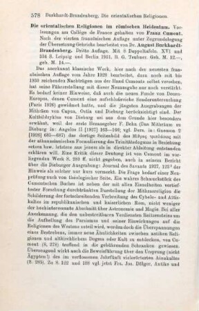 578-579 [Rezension] Cumont, Franz Valery Marie, Die orientalischen Religionen im römischen Heidentum