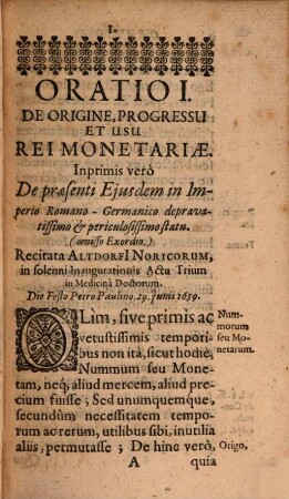 De rei monetariae hodierno, in imperio Romano Germanico, stutu corruptissimo ... orationes IIX