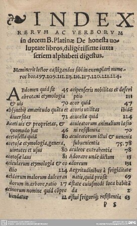 INDEX RERUM AC VERBORUM in decem B. Platinae De honesta voluptate libros, diligetissime iuxta seriem alphabeti digestus.