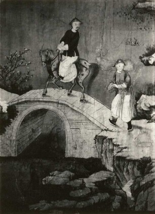 Chinesische Tapete : Chinesische Tapete (um 1790). Ausschnitt: Ein Reiter und ein Fußgänger passieren eine Brücke. Dresden-Friedrichstadt, Marcolini-Palais, Chinesisches Zimmer