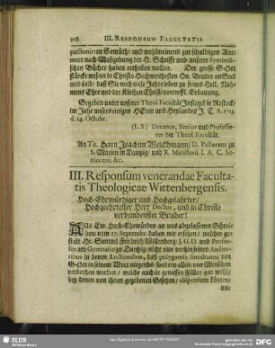 III. Responsum venerandae Facultatis Theologicae Wittenbergensis