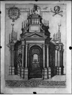Katafalk für Alessandro Farnese (Santa Maria in Aracoeli) (aus: Rossi, Bartolomeo, "Ornamenti di fabriche antichi et moderni dell'Alma Citta di Roma", 1600)