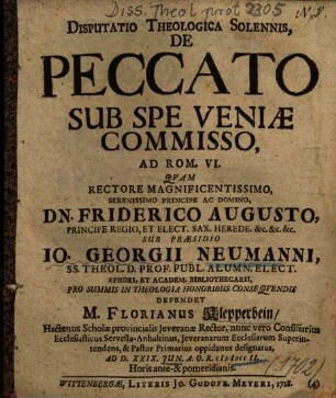 Disputatio Theologica Solennis, De Peccato Sub Spe Veniae Commisso, Ad Rom. VI.