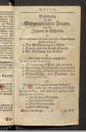 Einleitung Zu den Geographischen Fragen, vor die Jugend in Schulen.