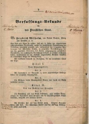 Verfassungs-Urkunde für den Preußischen Staat.