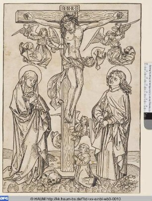 Christus am Kreuz mit Engeln, die das Blut auffangen