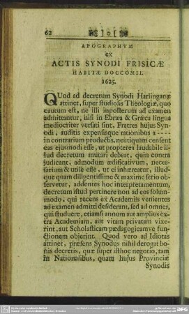 Apographum ex Actis Synodi Frisicae Habitae Doccomii. 1625