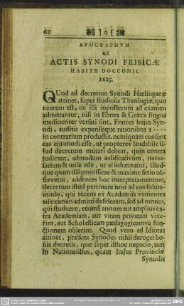 Apographum ex Actis Synodi Frisicae Habitae Doccomii. 1625