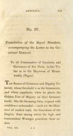 No. IV. Translation of the Royal Mandate, accompanying the letter to the Governor General