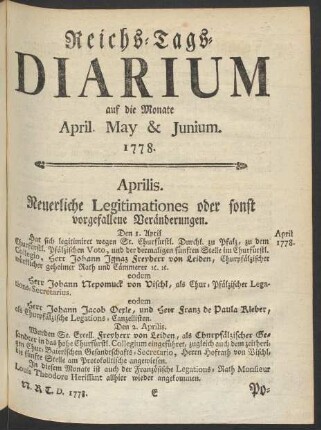 Reichs-Tags-Diarium auf die Monate April. May & Junium. 1778.