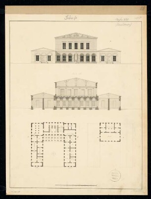Börse Monatskonkurrenz Dezember 1829: Grundriss Erdgeschoss, Obergeschoss, Aufriss Vorderansicht, Querschnitt; Maßstabsleiste
