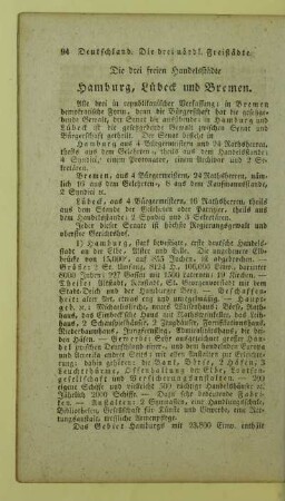 Die drei freien Handelsstaedte Hamburg, Luebeck und Bremen