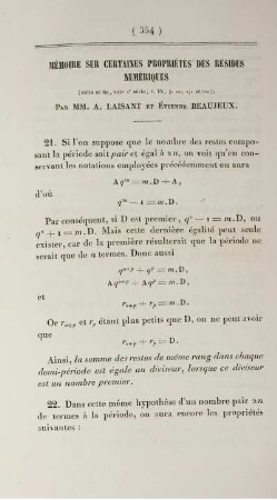 Mémoire sur certaines propriétés des résidus numériques.