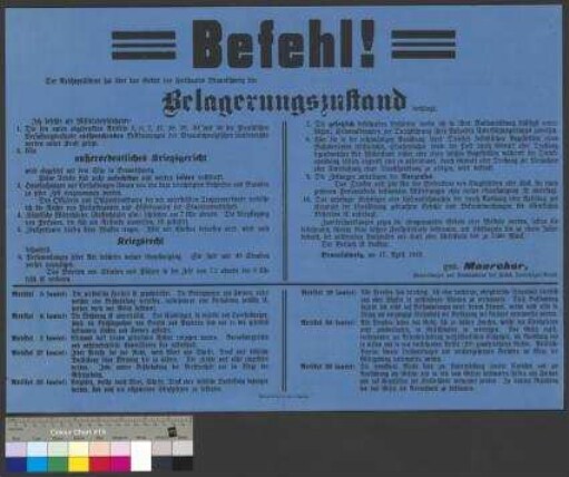 Anordnungen des General Maercker zum verhängten                                     Belagerungszustand für das Gebiet des Freistaates                                     Braunschweig