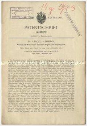 Patentschrift einer Neuerung an Expansions-Regulier- und Absperrapparate, Patent-Nr. 37302