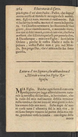 Lettera d' un Signore, che abbandona il Mondo a una sua Figlia Religiosa.