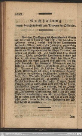 Nachholung wegen der Hannövrischen Truppen in Ostindien