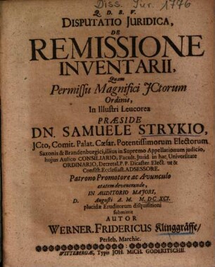 Disputatio Juridica, De Remissione Inventarii