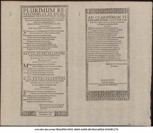 Plurimum Reverendus, Cl. Et Excellentissimus Vir, ... Dn. Gregorius Schoenfeldius ... Vir docens, Flos Egrius ...