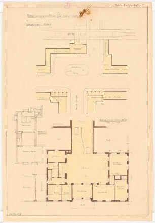 Empfangsgebäude an einer Vorortbahn Monatskonkurrenz Mai 1929: Lageplan 1:500; Grundriss Erdgeschoss 1:100