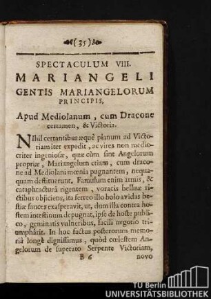 Spectaculum VIII. Mariangeli Gentis Mariangelorum Principis, Apud Mediolanum, cum Dracone certamen, & Victoria.