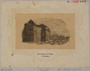 Das Japanische Palais und ein Torhaus des ehem. Leipziger Tores (Weißes Tor) in Dresden, Blick vom Palaisplatz nach Nordwesten