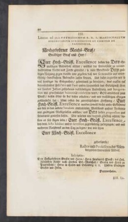 III. Literae ad Illustrissimum S. R. I. Mareschallum Hereditarium Subseniorem Et Comitem De Pappenheim