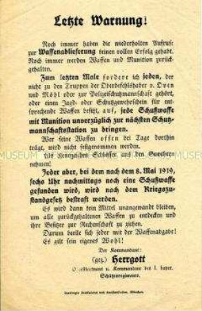 Flugblatt mit der Aufforderung an die Verteidiger der Münchener Räterepublik zur Ablieferung aller Waffen