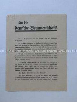 Propagandaflugblatt der Deutschen Staatspartei zur Reichstagswahl 1930 mit Ausrichtung auf die Beamten