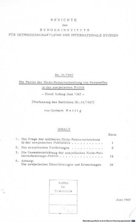 Die Parole der Nicht-Weiterverbreitung von Kernwaffen in der sowjetischen Politik : Stand Anfang Juni 1967. Neufassung des Berichts Nr. 14/1967