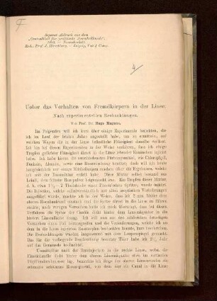 Ueber das Verhalten von Fremdkörpern in der Linse : nach experimentellen Beobachtungen
