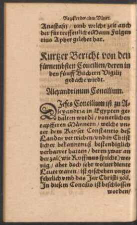 Kurtzer Bericht von den fürnembsten Concilien/ deren in den fünff Büchern Vigilii gedacht wirdt.