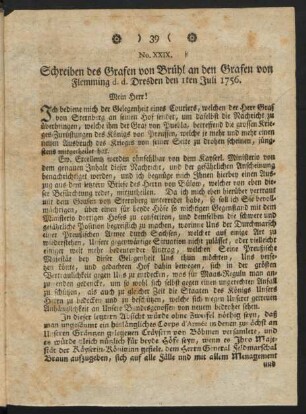 No. XXIX. Schreiben des Grafen von Brühl an den Grafen von Flemming d.d. Dresden den 1ten Julii 1756