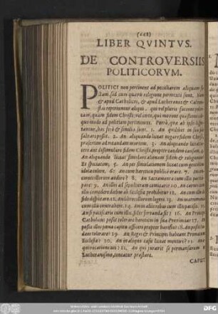 Liber Quintus De Controversiis Politicorum.