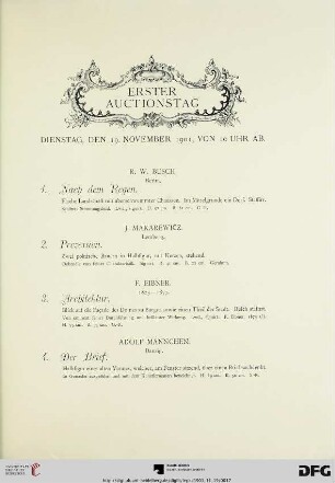 Erster Auctionstag: Dienstag, den 19. November 1901, von 10 Uhr ab (Nr. 1-80)