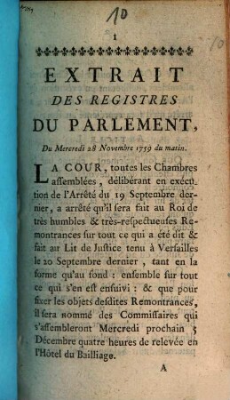 Extrait Des Registres Du Parlement Du Mercredi 28 Novembre 1759 du matin