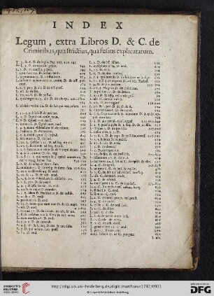 Index Legum, extra Libros D.& C. de Criminibus, qua strictius , qua fusius explicatarum