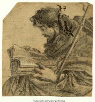 Halbfigur eines sitzenden Pilgers (Jacobus ?), nach links, in einem Buch lesend