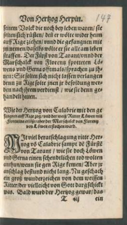 Wie der Hertzog von Calabrie mit den gefangnen auff Rige zog/ und der weiß Ritter Löwen mit Florentina erlößt/ ...