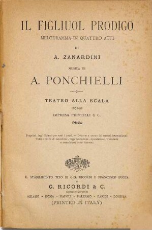Il figliuol prodigo : melodramma in quattro atti ; Teatro alla Scala, 1891 - 92