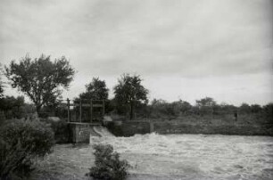 Großzschocher 18. Juli, kleines Wehr bei den Schönen, 1 Woche nach Höchststand, Hochwasser Juli 1954 : das Wehr war stark gefährdet, die anliegend ausgedehnten Gartengrundstücke wurden von den Wassermassen des Mühlgrabens, die sich in die Elster ergossen, überschwemmt