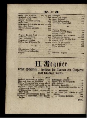 II. Register derer Schriften, welchen die Namen der Autoren nicht beygefüget worden
