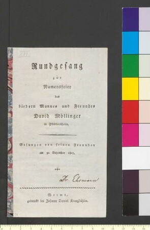 "Rundgesang zur Namensfeier des biedern Mannes und Freundes David Möllinger in Pfeddersheim."