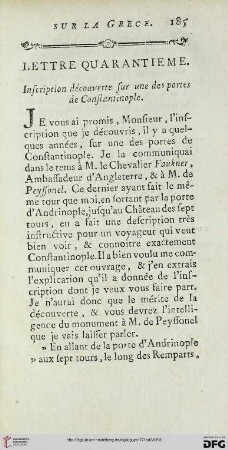 Lettre quarantième: Inscription découverte sur une des portes de Constantinople