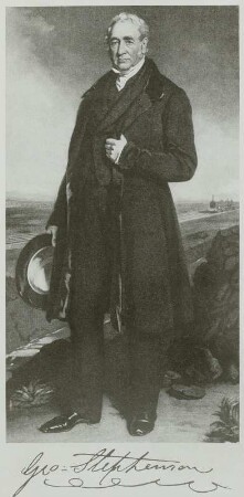 Ingenieur George Stephenson mit Eisenbahn alter Bauart