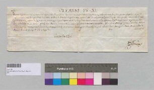 Papst Clemens XI. gewährt dem Karmelitenkloster zu Straubing am Festtag des Heiligen Sebastian einen Ablass. S: Papst Clemens XI.